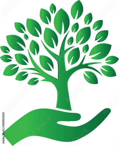 A green tree with leaves in a hand symbolizing eco friendly and environmental conservation