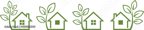 Four green house icons with leafy plants