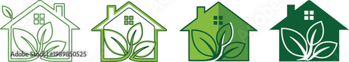 Four green house icons with leafy designs