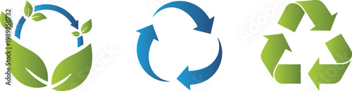 Collection of eco friendly recycling symbols with arrows and leaves