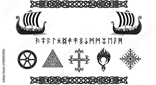 Photos Viking mythology vector set, ancient norse runes and drakkar longships, celtic k