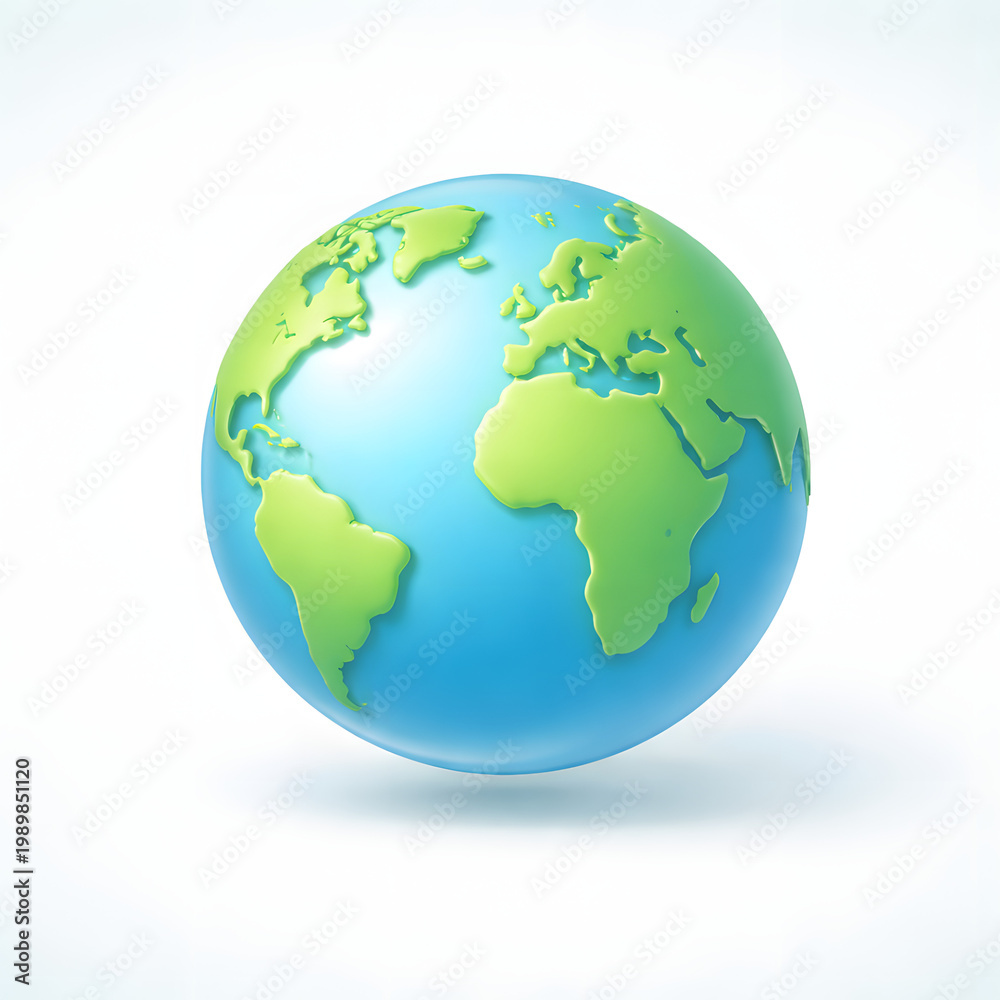 Fototapeta premium Modern 3D globe icon with smooth stylized continents representing global sustainability, environment awareness, climate responsibility, and eco-conscious design.