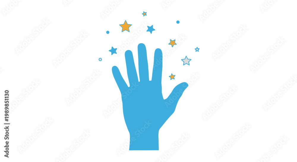 Obraz premium Blue hand silhouette reaching for magical stars on white background