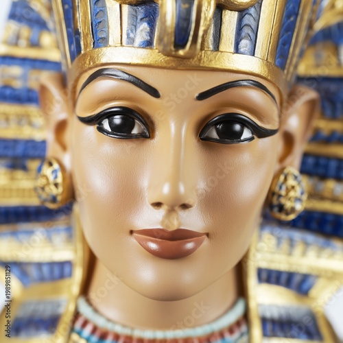 Close-up Portrait of Ancient Egyptian Pharaoh Statue with Regal Adornments