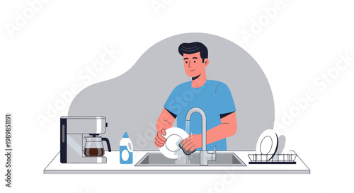 Man washing dishes in the kitchen sink with a coffee maker nearby.