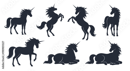 Set of magical unicorn silhouettes in various poses on white background