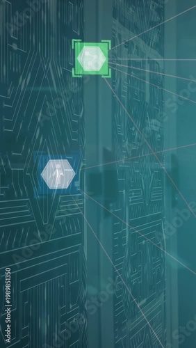 Vertical video: Hex icons popping over panel, forming green hub linking human and med cross health