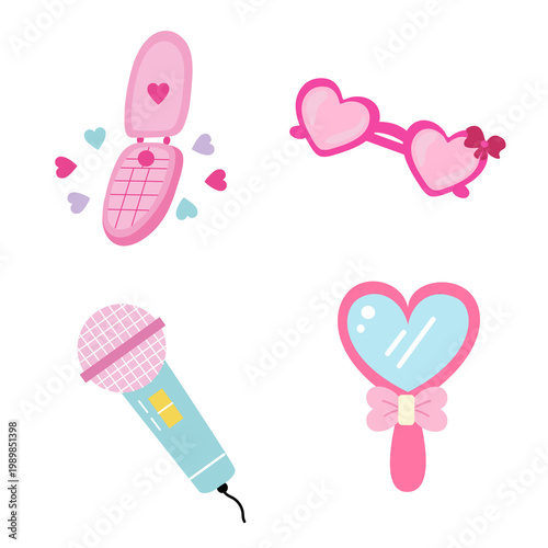 Pink Accessories Collection Heart-Themed Illustrations Featuring a Flip Phone, Trendy Sunglasses, Microphone, and Hand Mirror for Design