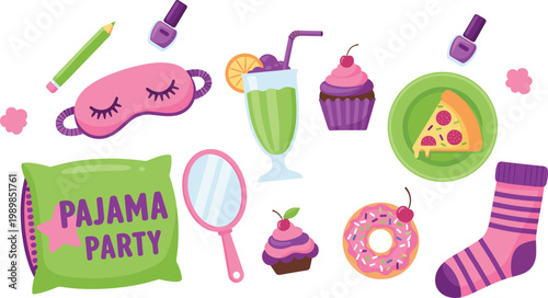 Pajama Party Essentials with Cupcakes, Pizza, Drinks, and Cozy Items for Fun Illustrations and Sleepover Designs