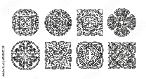 Canvastavla Celtic knot vector set, 8 traditional Irish interlaced ornaments, black and whit