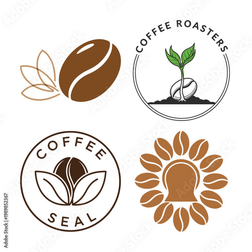 Coffee bean and leaf logo collection branding elements for coffee shops