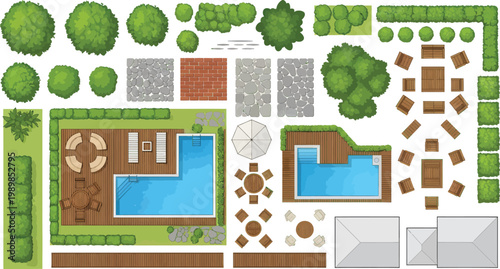 Top View Landscape Architecture Design Elements Set with Pools and Furniture