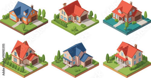 Set of Isometric Suburban Residential Houses with Green Lawns and Landscaping