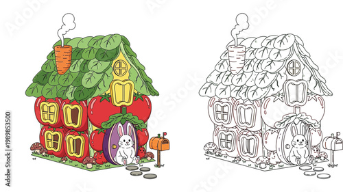Cute cartoon vegetable house with a bunny rabbit, colored illustration and black and white line art coloring page for kids, fantasy food home.