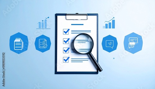 Blue clipboard checklist magnifying glass productivity review
