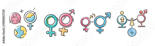 Gender equality icons set, colorful hand drawn gender symbols for social diversity, male and female signs with globe and human figures, vector illustration