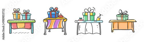 Hand drawn gift boxes on tables vector set, colorful holiday presents with ribbons and bows, festive celebration surprise packages on furniture