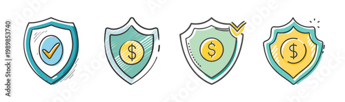 Financial protection shield icons set, money security and insurance vector elements, dollar sign and checkmark on defensive shields for banking