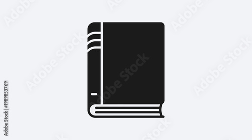 A black illustration of a closed book with a simple design on a white background 