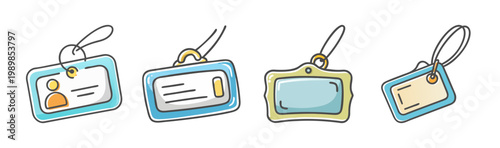 Hand drawn ID card badge set, blue and yellow name tag vector collection, corporate identification badges for business events and staff security