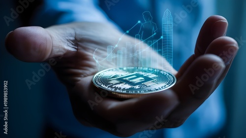 Future of finance hand holding a digital coin innovative technology concept