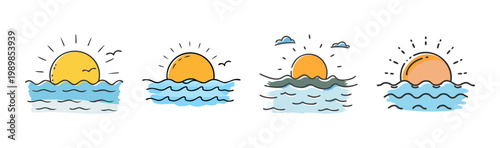Minimalist sunset icons set, hand drawn sun and ocean waves vector, colorful sunrise over sea illustrations, summer beach vacation symbols
