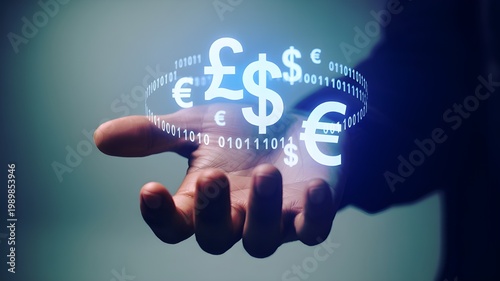 Digital finance technology hand holding glowing currency symbols fintech innovation