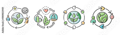 Sustainable ecology icons set, circular green energy symbols, environmental conservation and global recycling vector illustrations for eco-friendly business