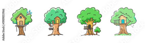 Hand drawn treehouse collection, set of 4 whimsical wooden tree house illustrations, cute forest playhouse sketches for children book design