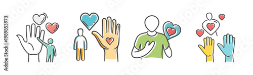 Charity and volunteering icon set, colorful hand and heart illustrations for donation and social support, community care vector graphics
