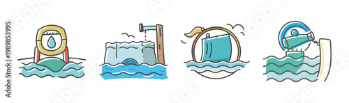 Renewable tidal energy icons, hydro power station and wave energy converter vector set, sustainable ocean electricity generation technology