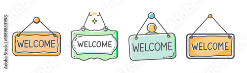 Hand drawn welcome sign collection, set of 4 hanging door plaques in doodle style, colorful shop entrance greeting boards, vector illustration