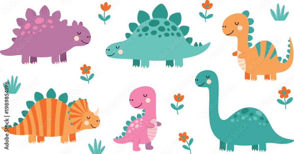 Obraz premium Adorable Cartoon Dinosaurs in Various Colors and Poses for Kids’ Illustrations, Fun Designs, and Creative Projects