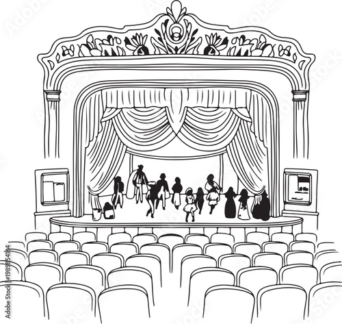 Theatrical play performance on stage with silhouettes of actors and rows of chairs for audience view in grand opera house auditorium hand drawn outline illustration.