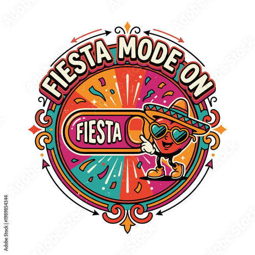 Fiesta mode on graphic with character and festive elements