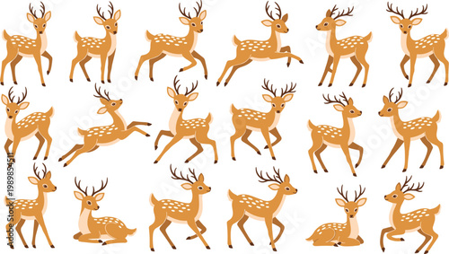 Cute Fawn Deer Characters in Various Poses for Woodland, Nature, and Kids’ Illustrations