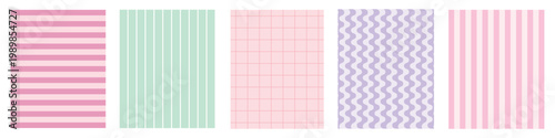 Pastel geometric seamless patterns. vector background set with minimalist stripes, grid, and wavy lines backdrop
