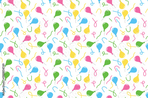 Seamless vector pattern with colorful balloons and serpentine streamers on isolated transparent background. Festive design perfect for birthday, celebrations, wrapping paper and party themed projects.