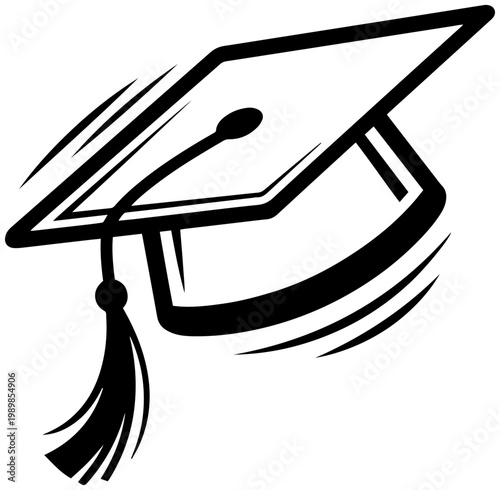 Simple black and white illustration of a traditional graduation cap with a hanging tassel for academic success