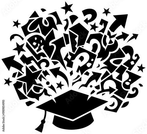 Graduation cap unleashing a vibrant burst of diverse symbols representing knowledge, ideas, creativity, and future possibilities