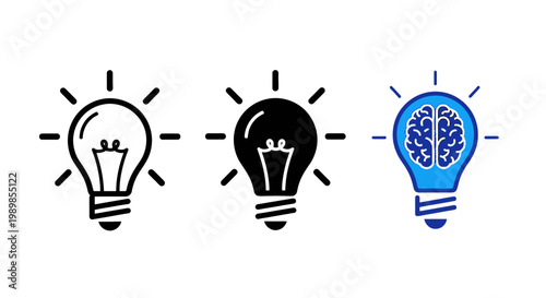 Light bulb icon set with human brain, creative idea and innovation concept symbols, flat vector illustration for business and education