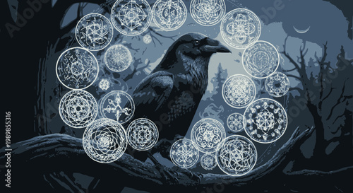 Mystical Raven Perched on Branch with Glowing Symbolic Circles