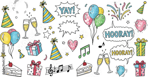 Festive sketch doodle birthday and celebration elements in hand drawn style