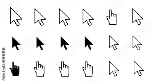 Minimalist computer mouse cursor icon set, black and white arrow pointer symbols, digital hand clicker icons for web interface design