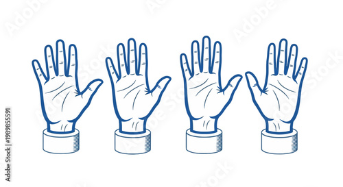 Minimalist hand line art icons, set of four open palms with blue outlines, simple human hand gestures for communication and voting, vector illustration