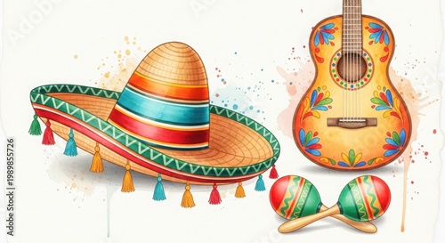 Colorful sombrero, guitar, and maracas illustration for festive occasions