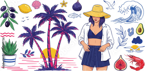 Tropical summer vibes fashion illustration with fruits and palm leaves