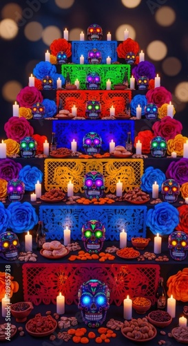 Colorful sugar skull altar with candles and traditional decorations