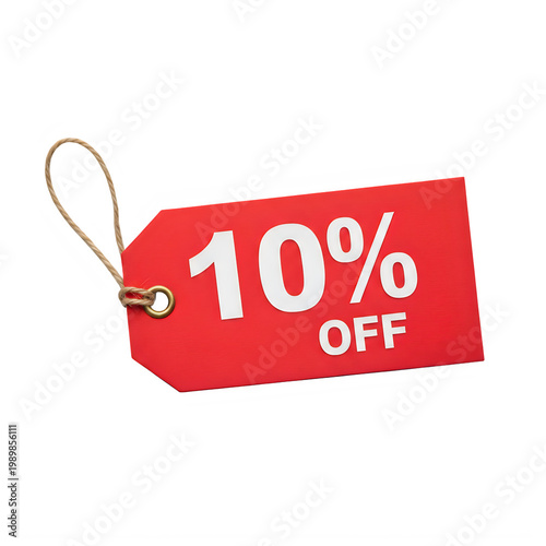 Red 10 percent off sale tag label isolated on white background