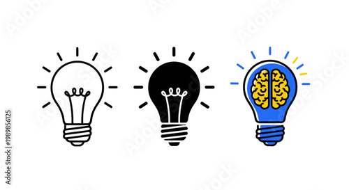 Creative light bulb icon set, human brain inside glowing lamp vector, innovation and brainstorming concept symbols for business and education